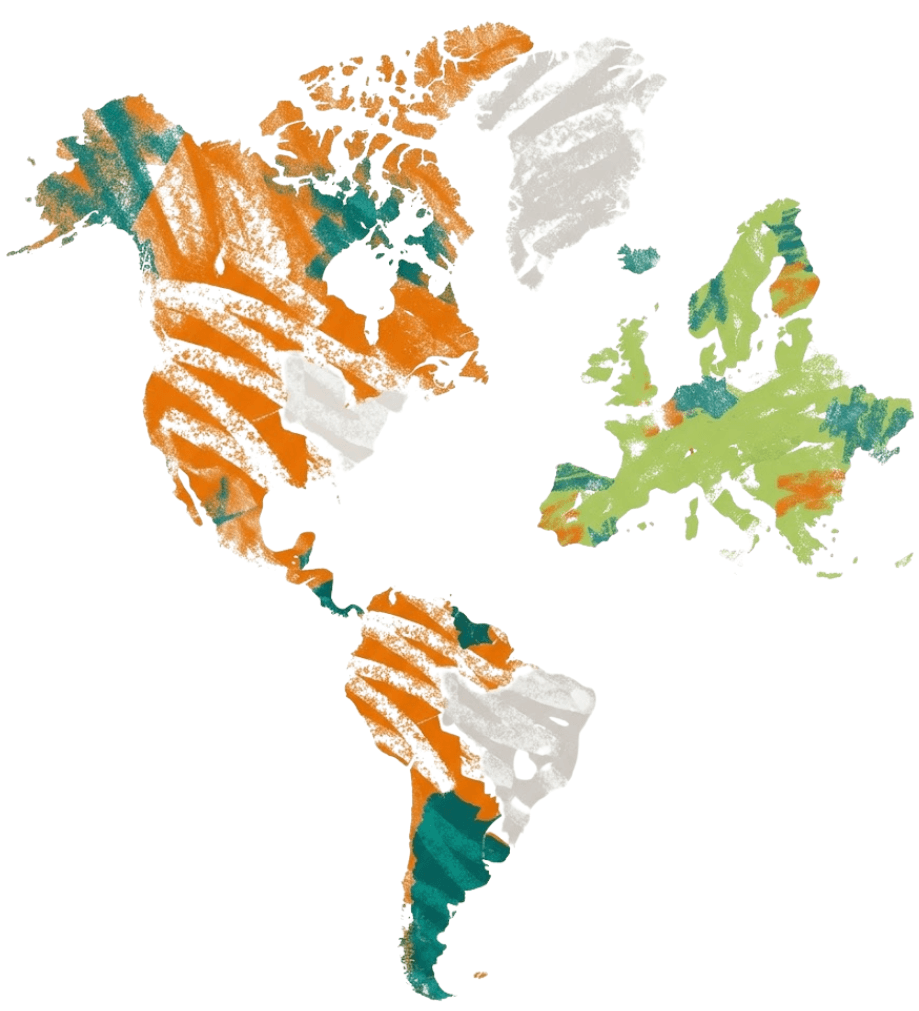 Map of the Americas and Europe illustrated in the brand colors.