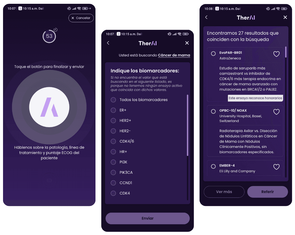 The TherAI app on a phone, asking which indication the physician is looking for.