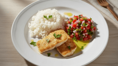 Peixe grelhado com arroz integral e vinagrete